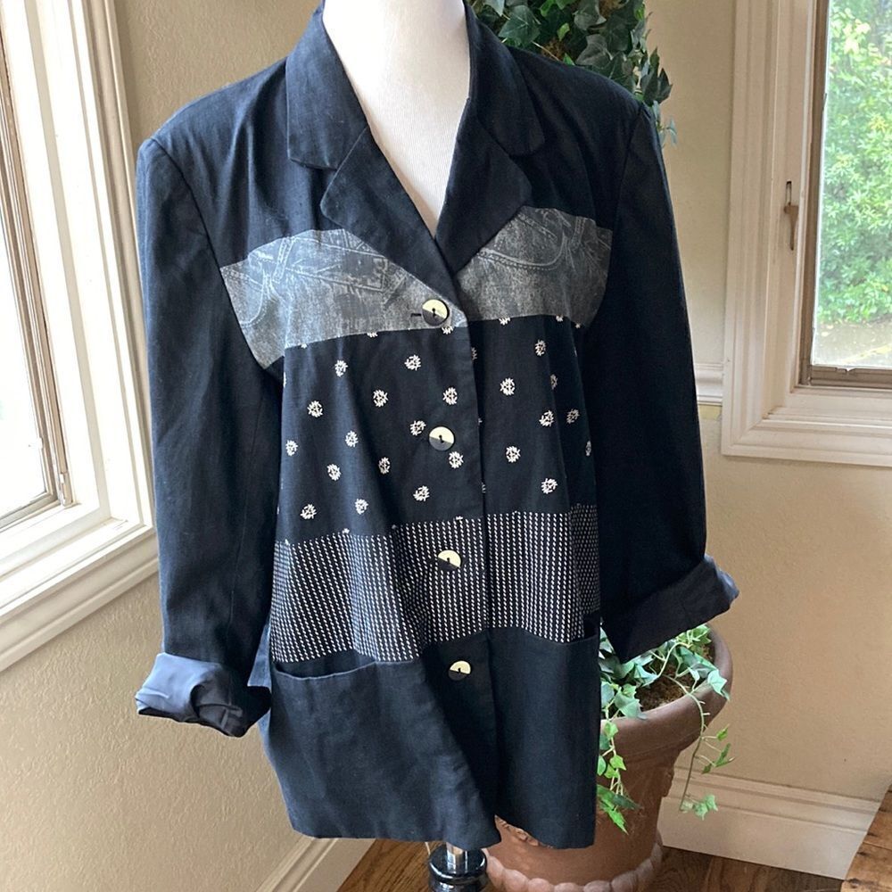 Vintage Newport Black & White Fully Lined Linen Blend Blazer Size 16